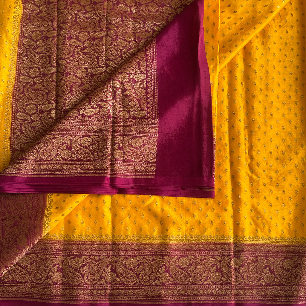 Saffron Yellow with Deep Magenta Soft Crepe Silk