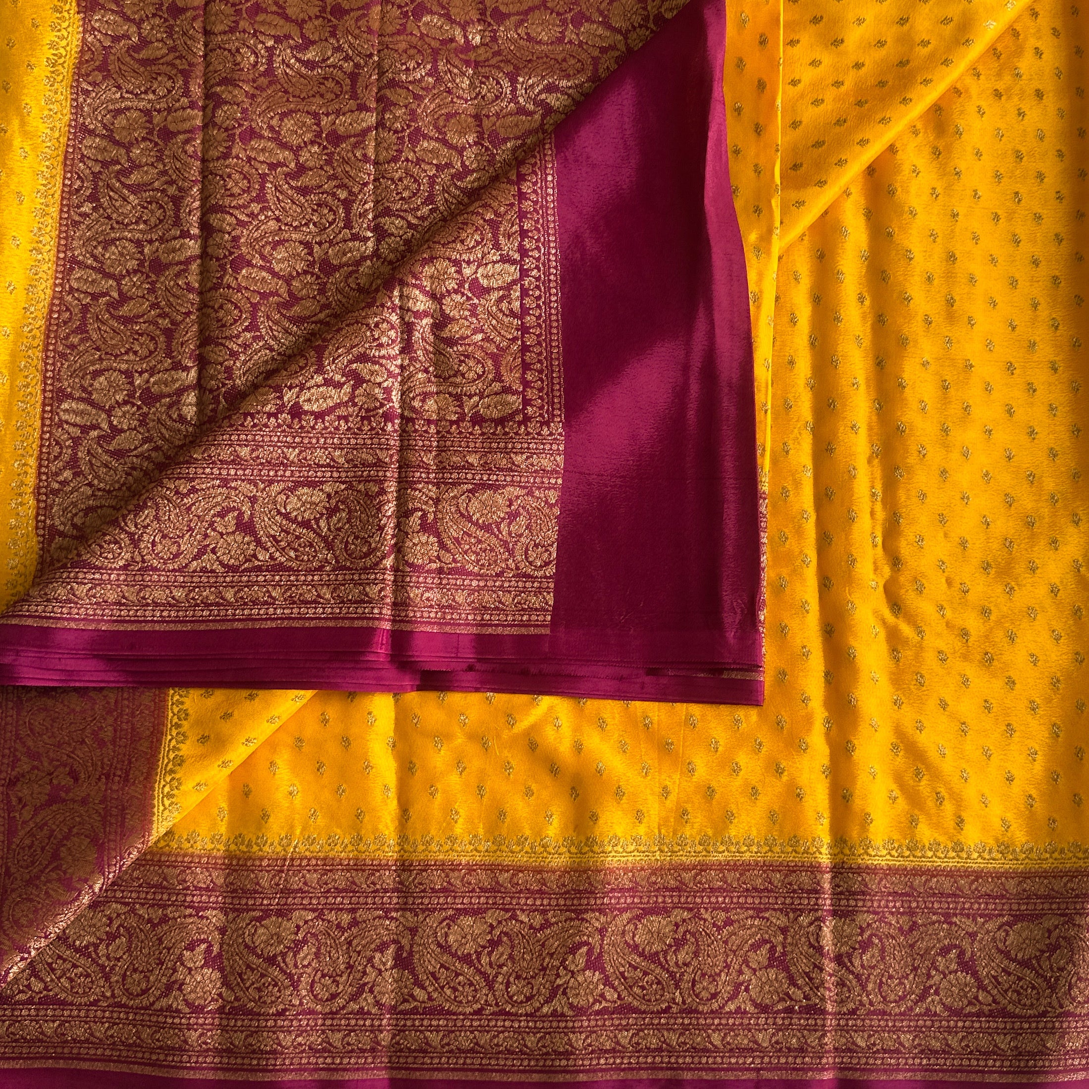 Saffron Yellow with Deep Magenta Soft Crepe Silk