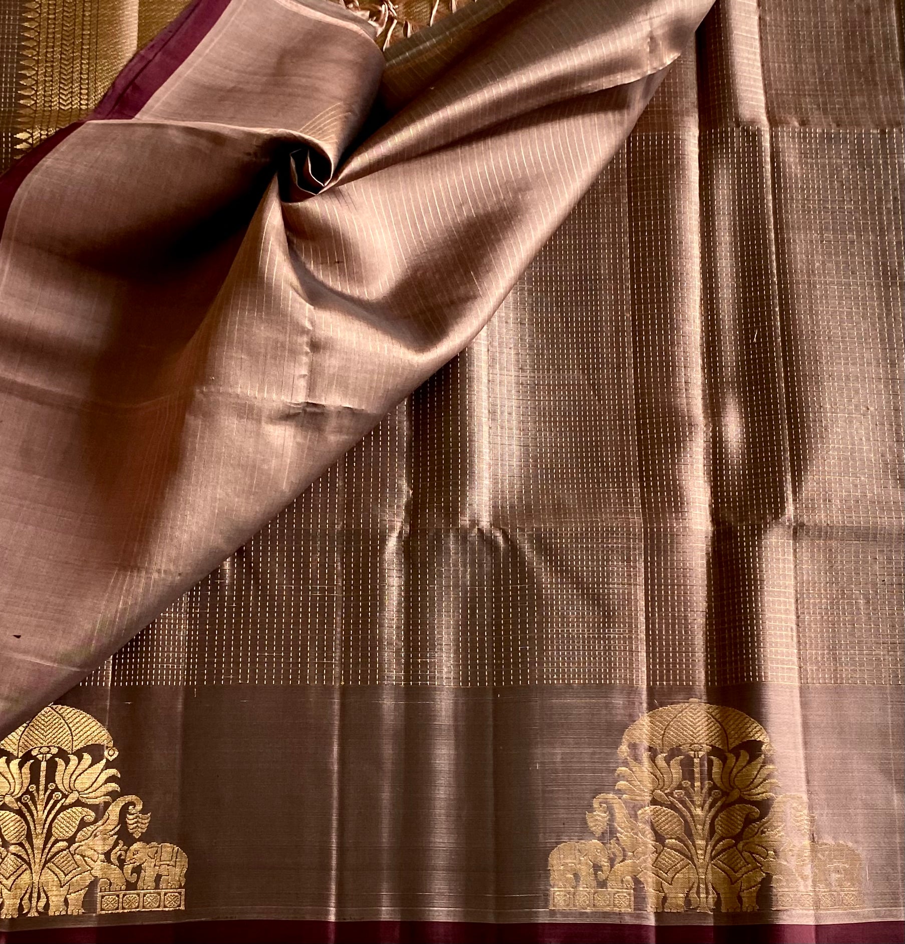 Taupe Saree Antique Gold Temple Border Maroon Edge Brocade Traditional