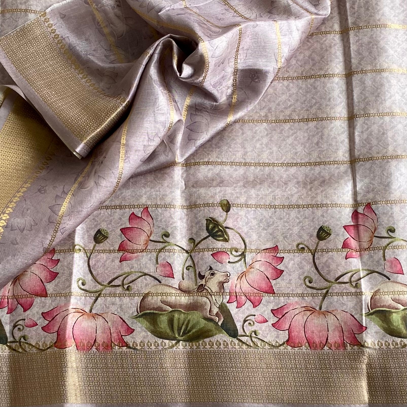 Lightest Silver Mauve Soft Tussar Silk Saree With Lotus Pink Pallu
