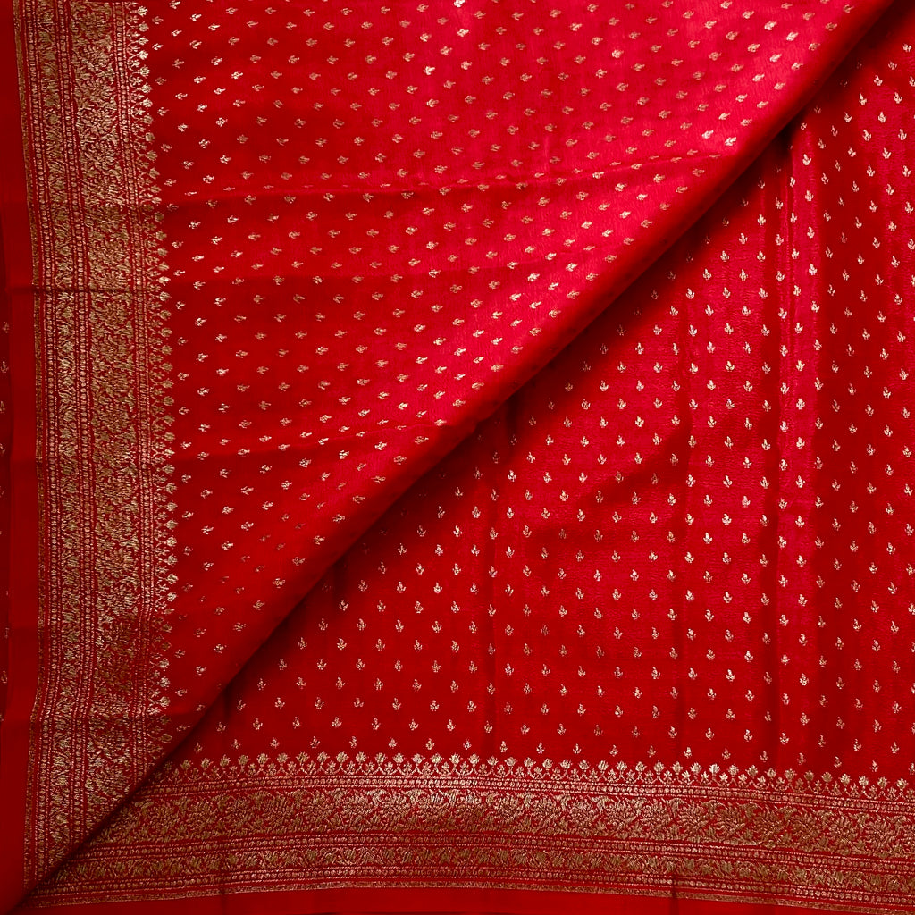 Scarlet Saree with Gold Zari Brocade Pallu and Ornate Border