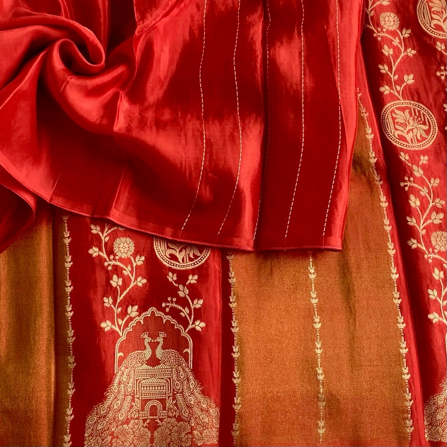 Vermilion Red With Vivid Orange Soft Tussar Silk Saree Antique Gold Peacock Motifs