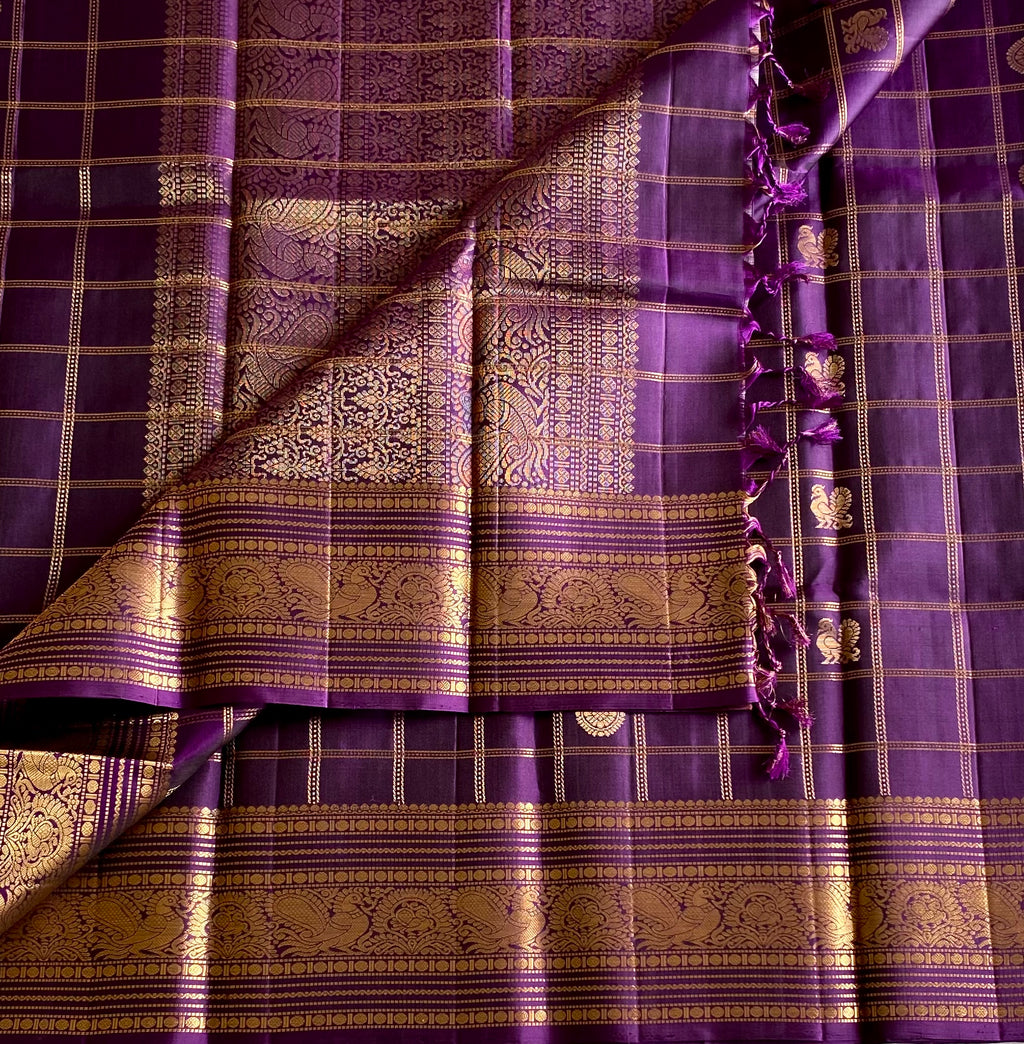 Royal Purple Silk Saree With Gold Zari Checkered Body Pallu