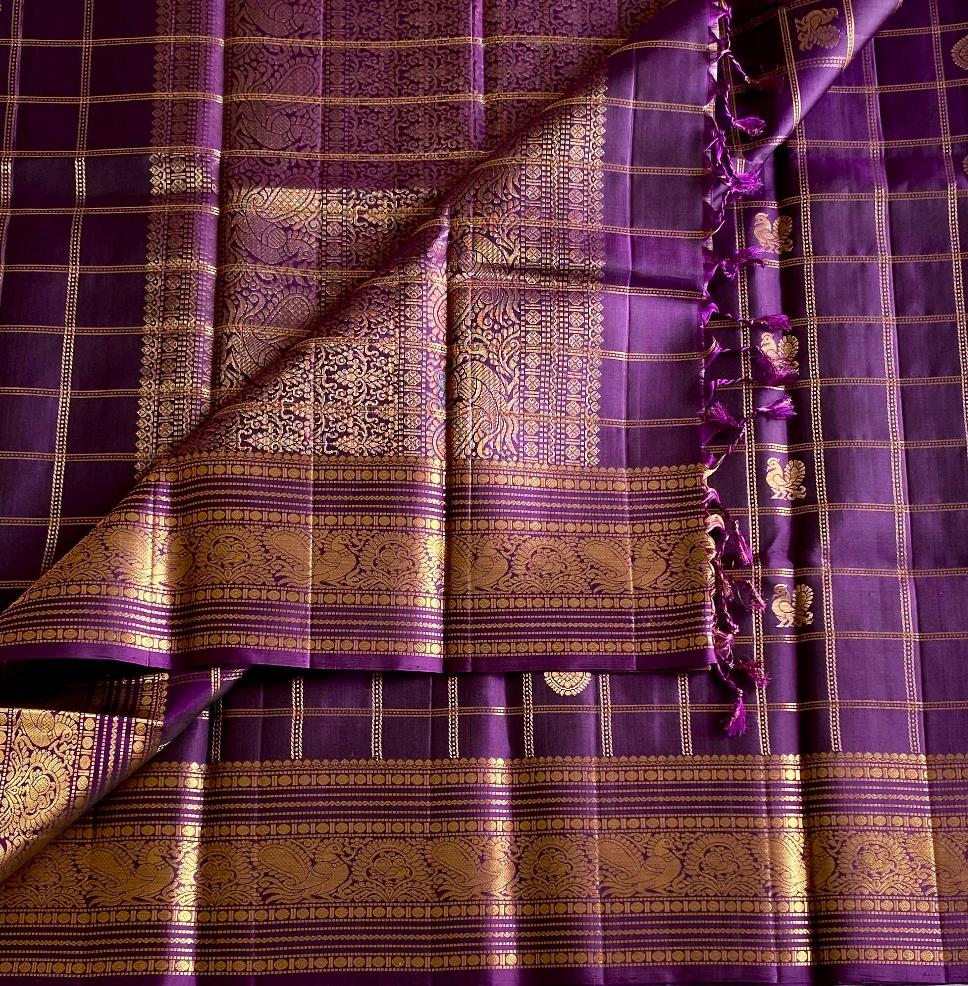 Royal Purple Silk Saree With Gold Zari Checkered Body Pallu