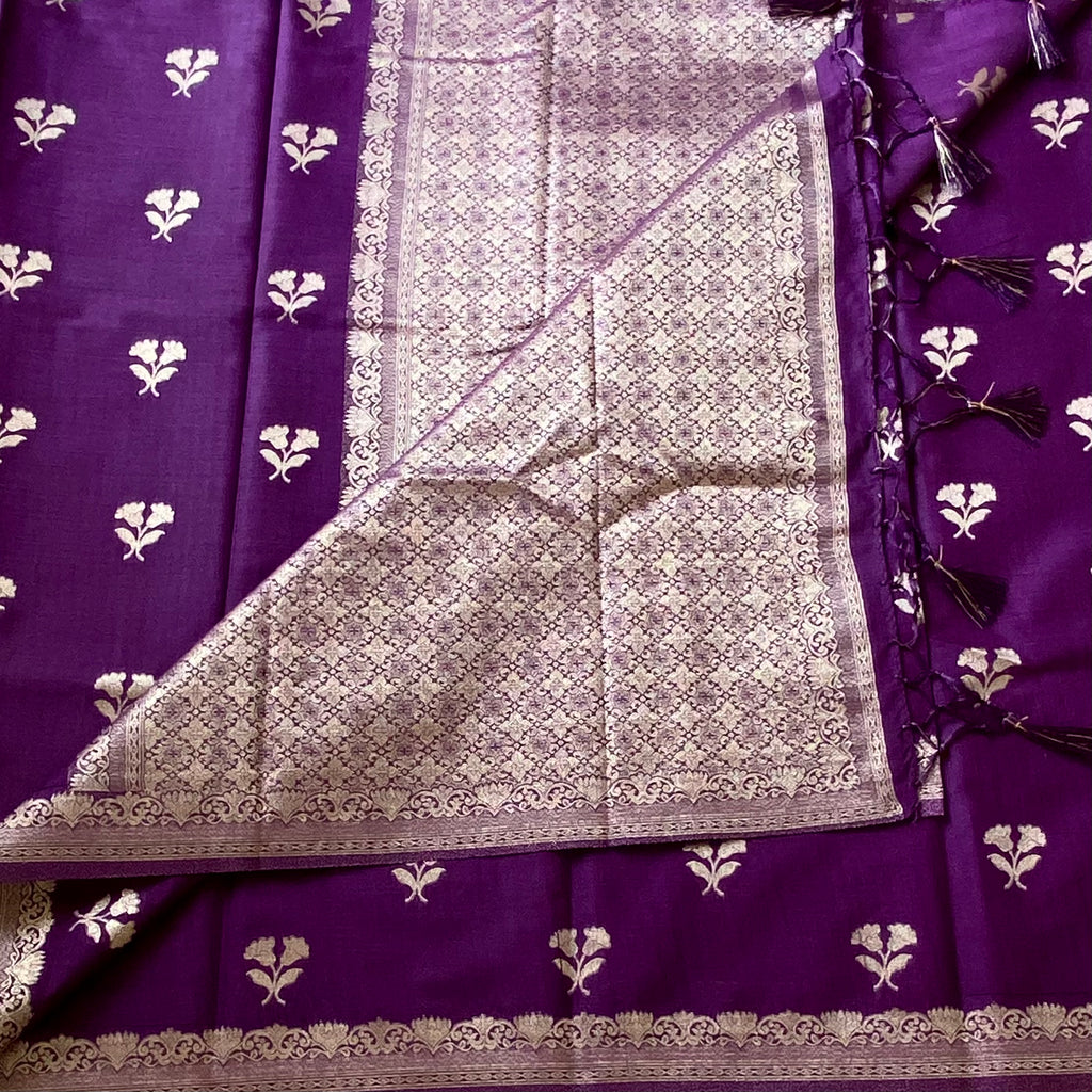 Royal Purple Brocade Saree Antique Gold Floral Border Tassel Pallu