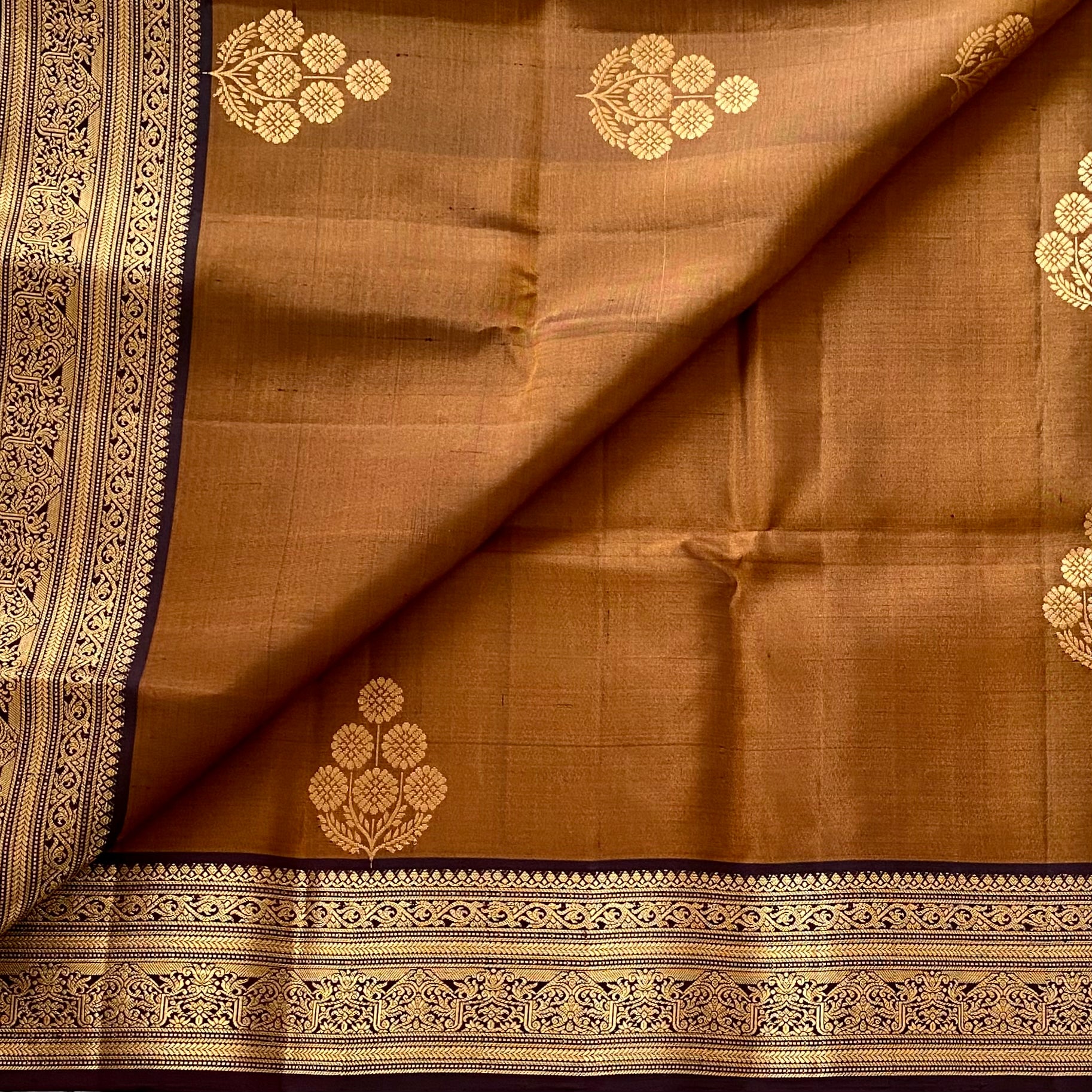 Bronze Brown Designer Pure Silk Saree Deep Aubergine Zari Border