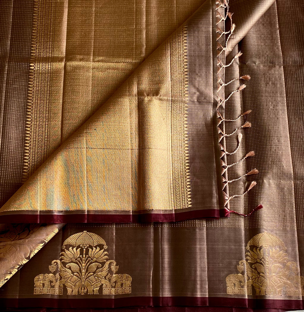 Taupe Saree Antique Gold Temple Border Maroon Edge Brocade Traditional