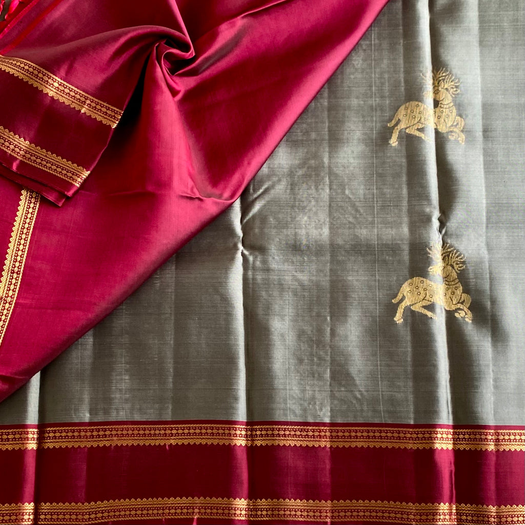 Slate Gray Designer Pure Silk Saree With Deep Magenta Pallu