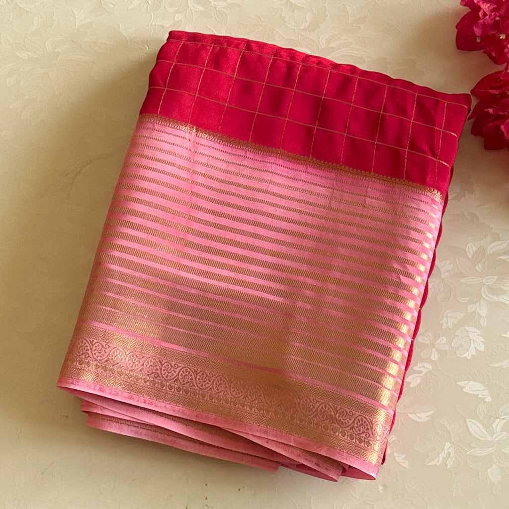 Fuchsia Gold Checked Saree with Blush Pallu and Paisley Border