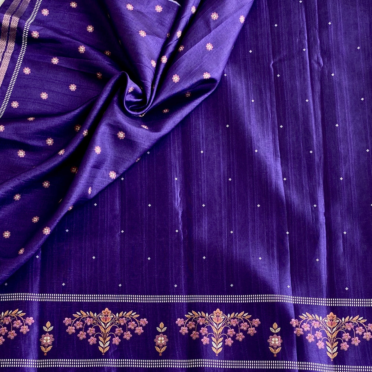 Royal Purple Softest Lightweight Tussar With Rose Pink Floral Zari Border