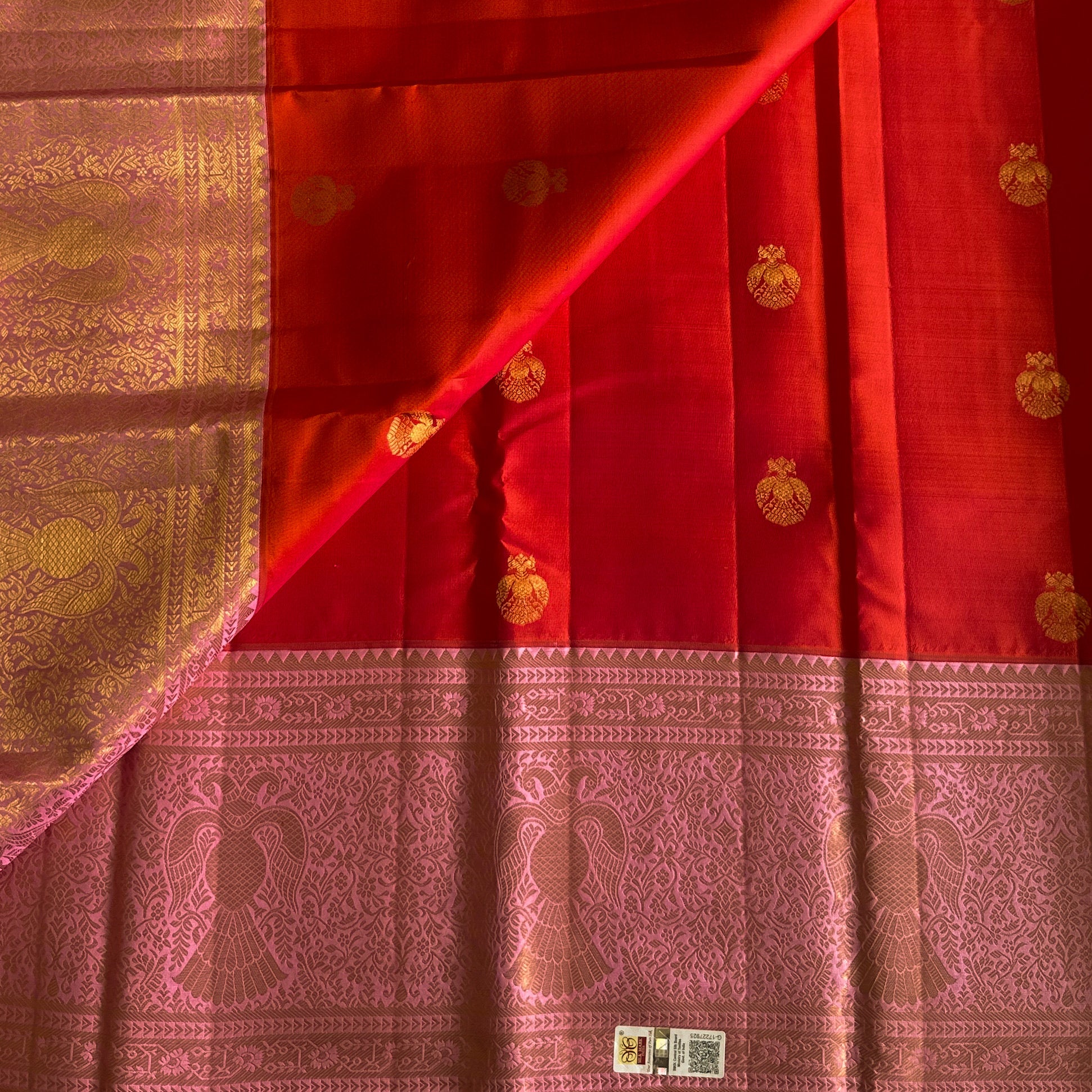 Magenta Crimson Silk Saree With Gold Peacock Border For Weddings