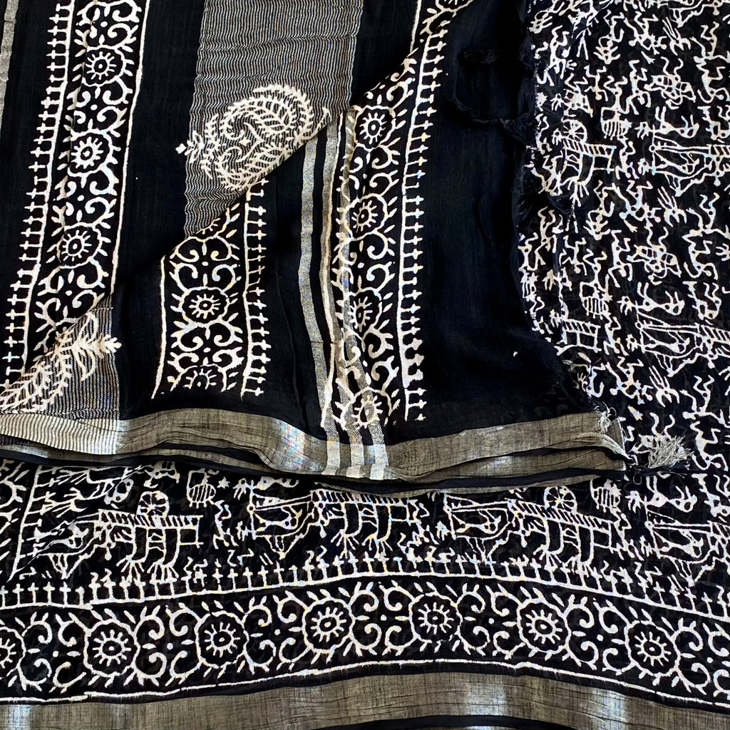 Jet Black Soft Block Printed Linen With Bright White Warli Print