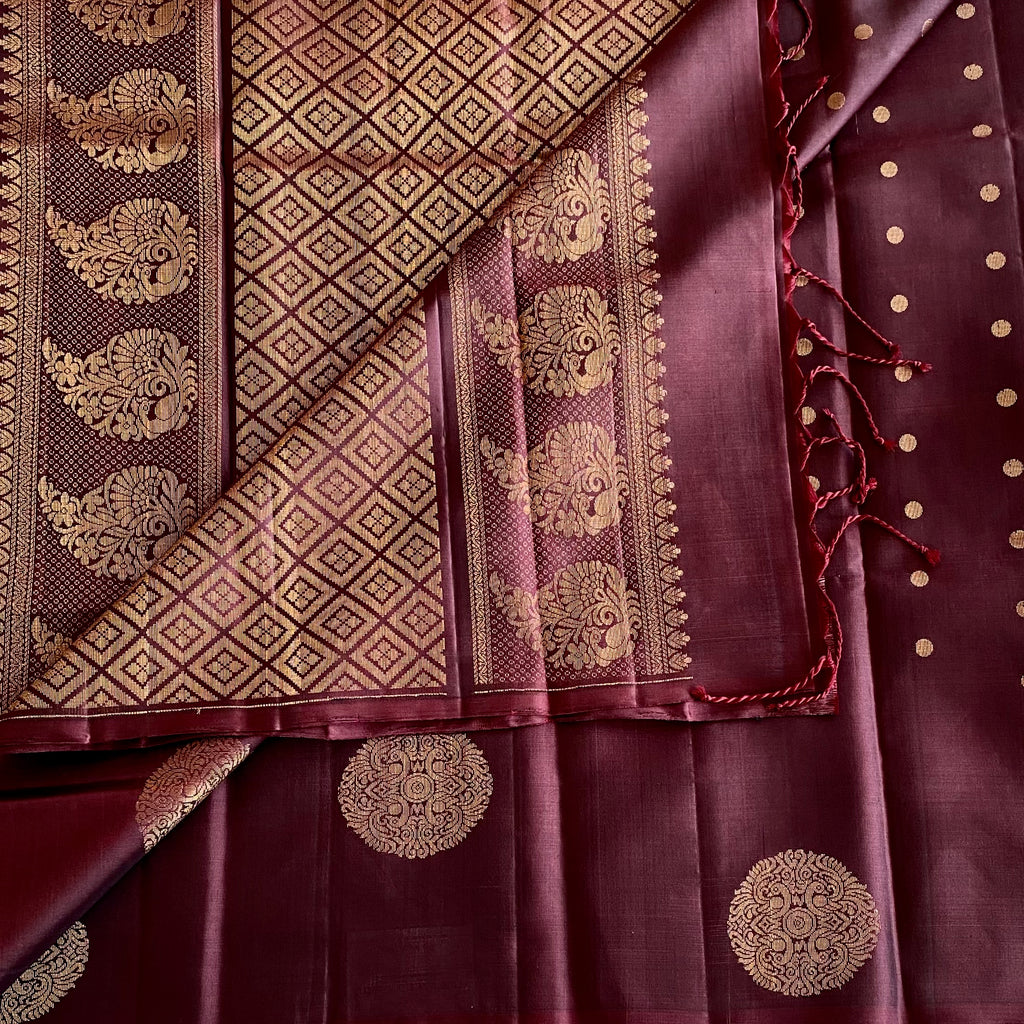 Deep Plum Brown Antique Gold Designer Pure Silk Saree With Floral Pallu
