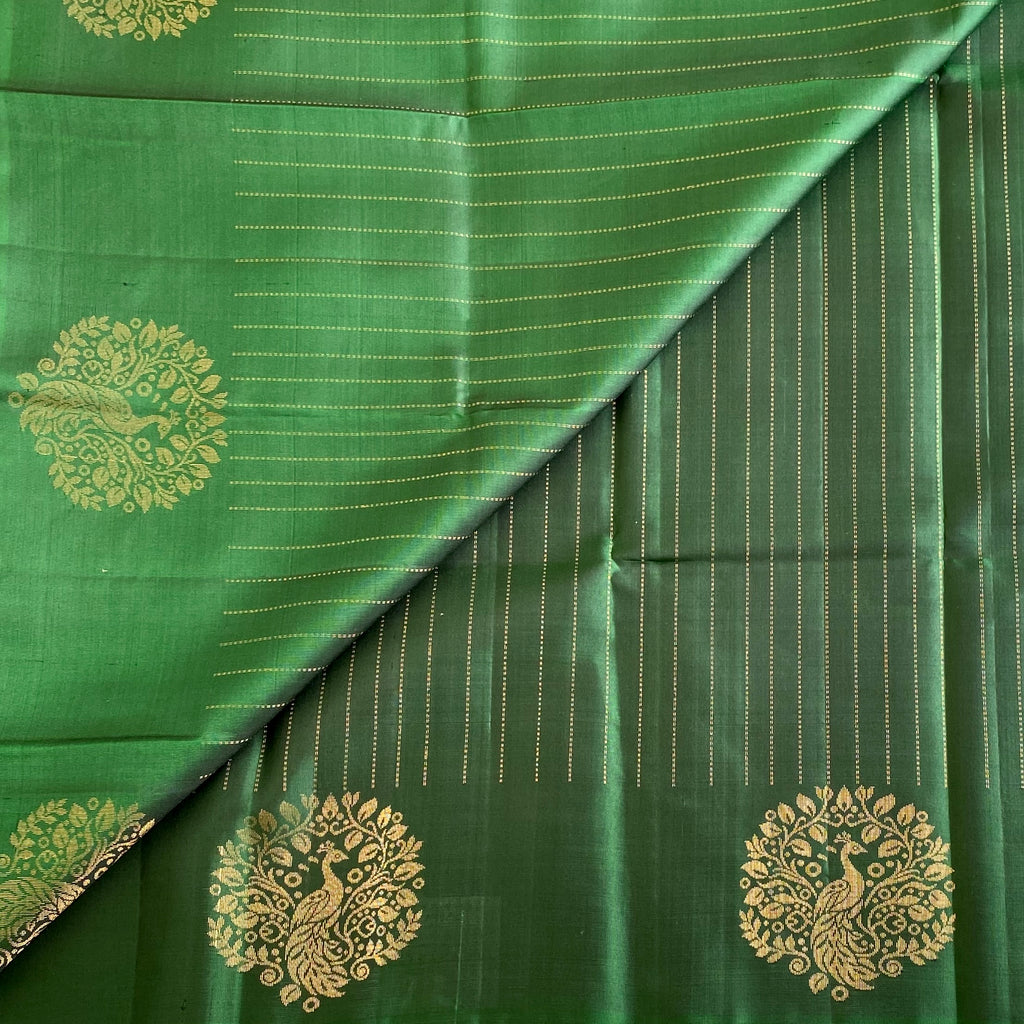 Forest Green Designer Pure Silk Saree With Antique Gold Pallu