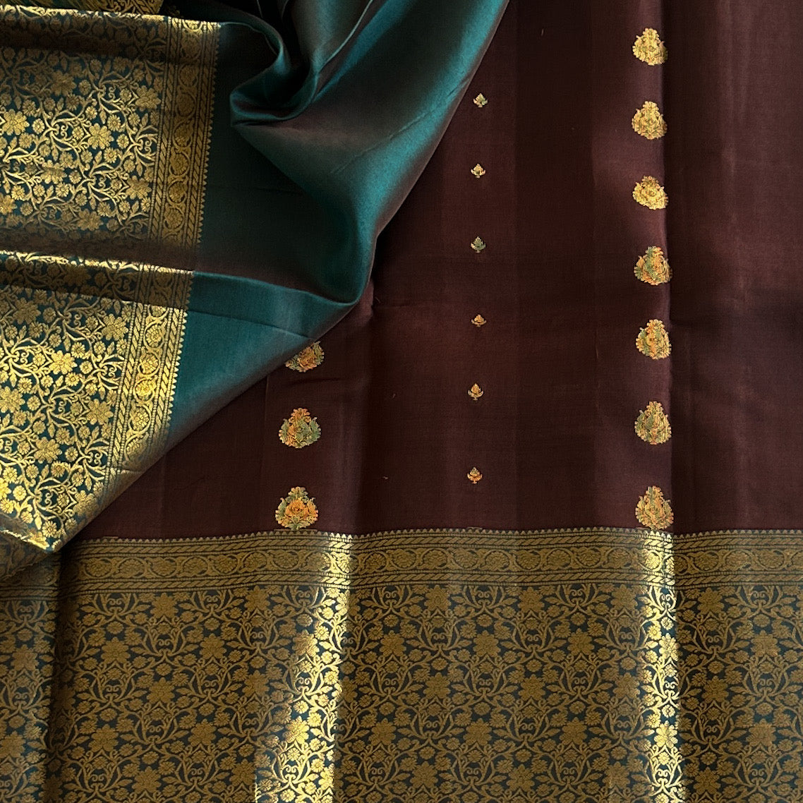 Peacock Teal Silk Brocade Saree Maroon Buta Wedding Attire Premium