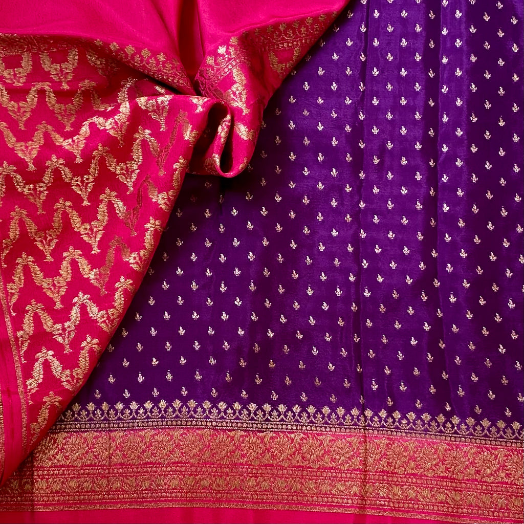 Stunner Purple with vibrant rani pink Banarasi soft crepe silk