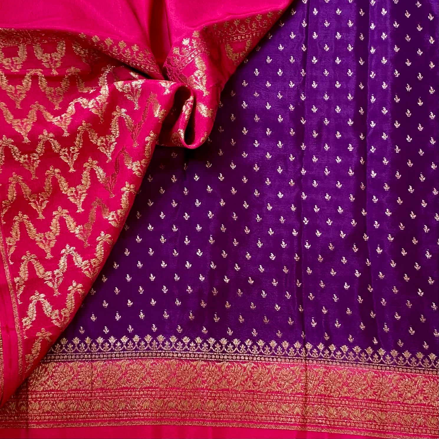 Stunner Purple with vibrant rani pink Banarasi soft crepe silk