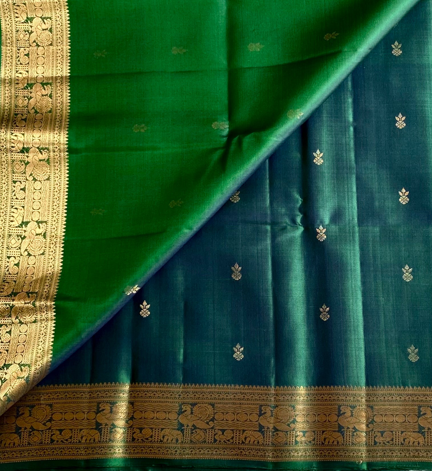Teal Silk Saree Antique Gold Zari Elephant Border Tassels Traditional