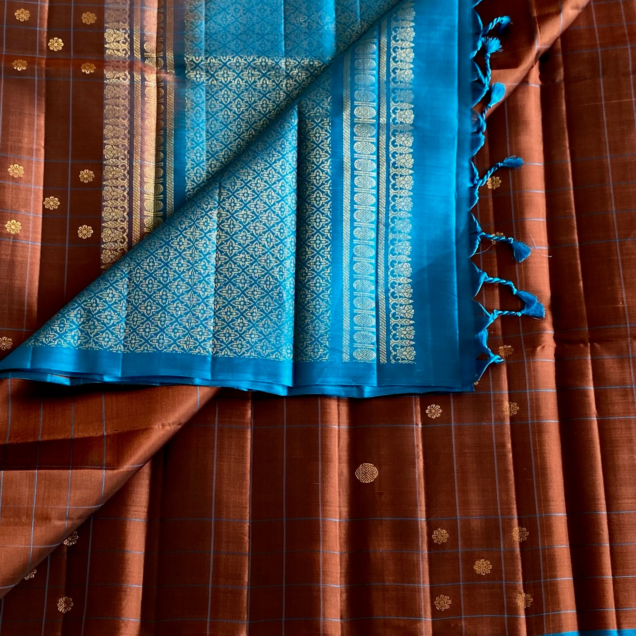 Rust Brown Designer Pure Silk Saree With Turquoise Blue Pallu