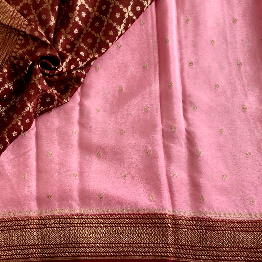 Soft Pink Banarasi Crepe Silk Saree With Burgundy Wine Pallu