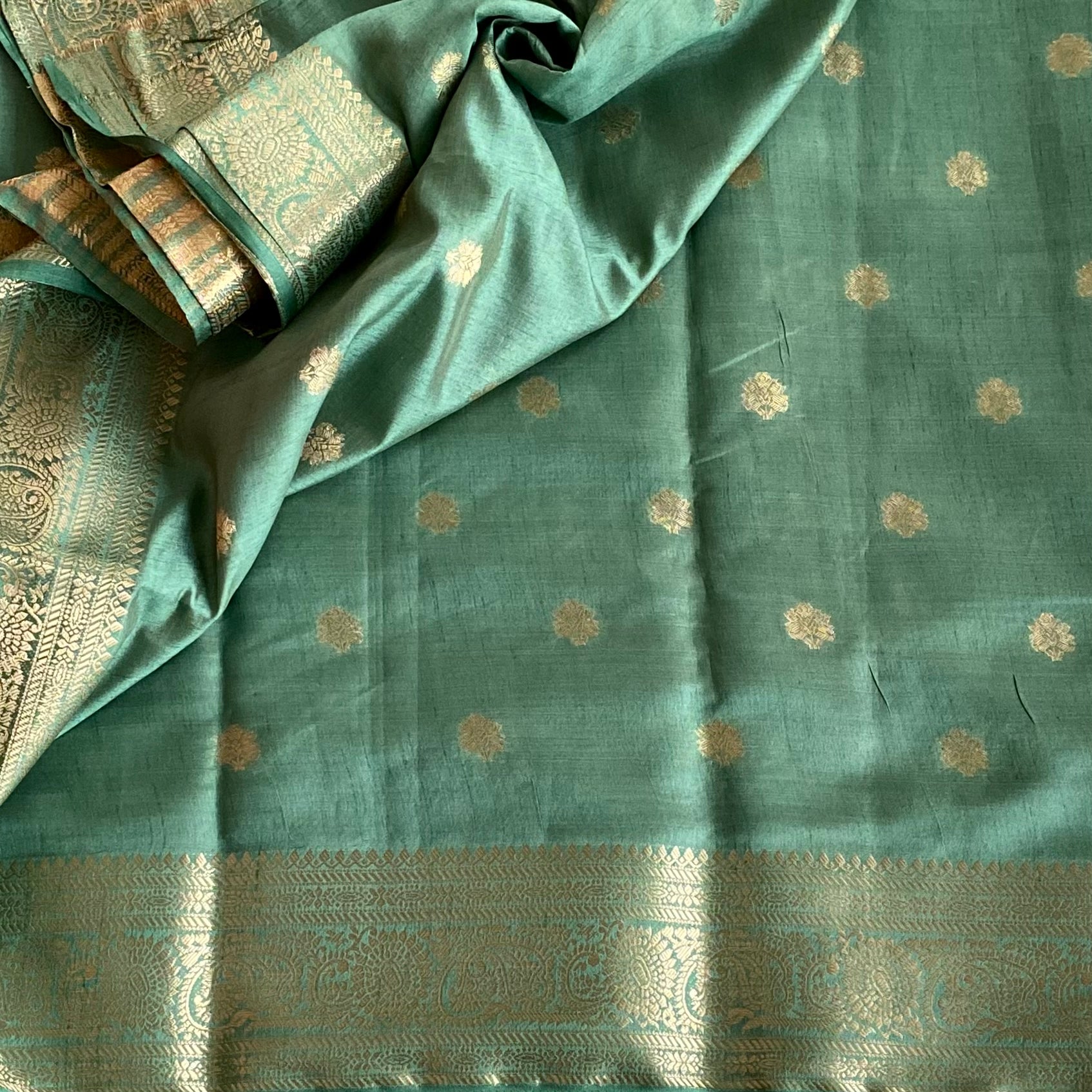Teal Green Zari Buti Saree With Paisley Border And Stripes