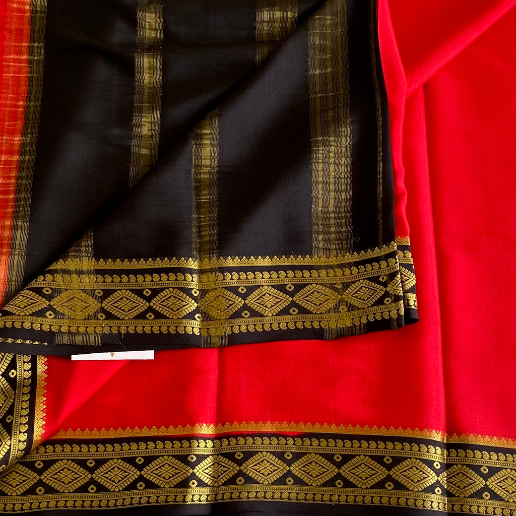 Scarlet Red Mysore Crepe Silk Saree With Jet Black Gold Border