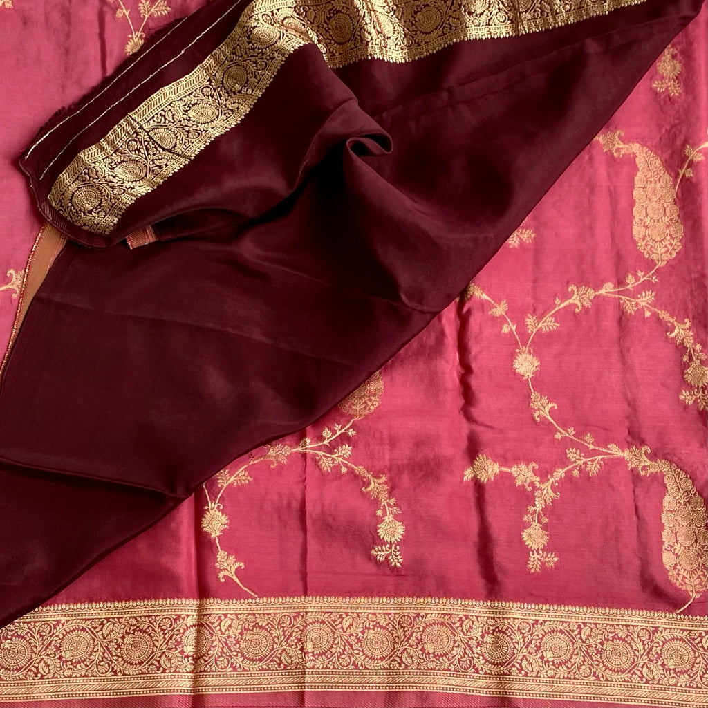 Sorbet Peach Designer Soft Crepe With Rare Brown Blouse