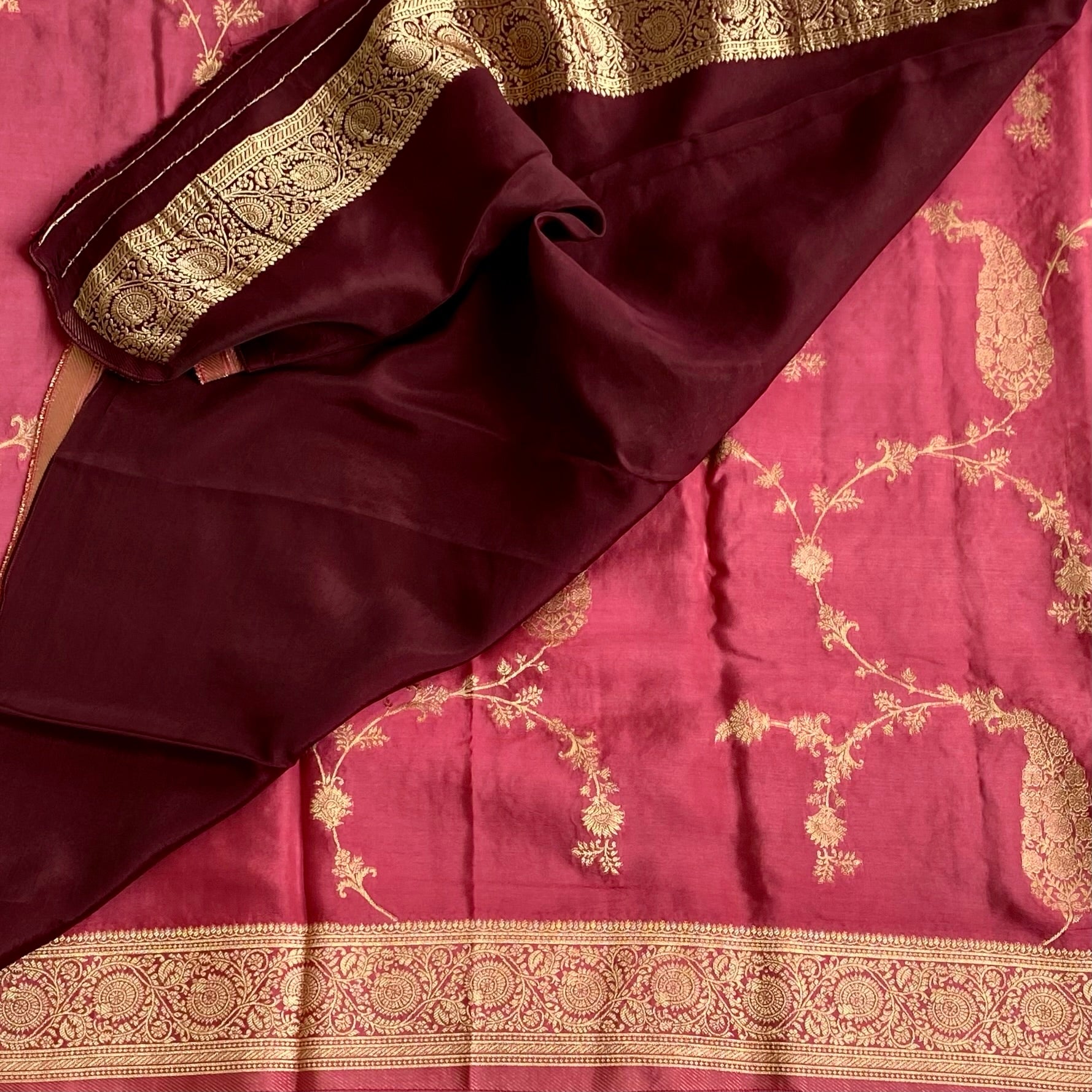 Sorbet Peach Designer Soft Crepe With Rare Brown Blouse