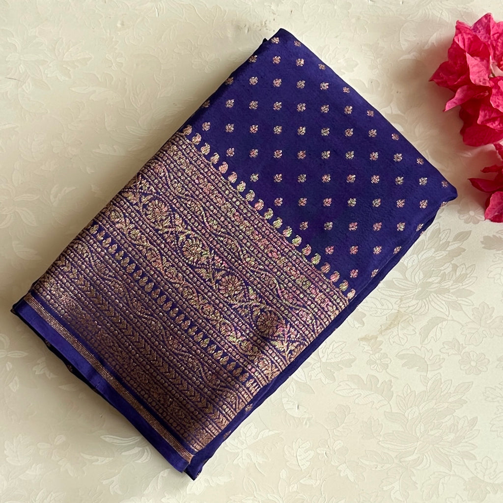 Royal Blue Gold Brocade saree with Heavy Zari Border Elegant