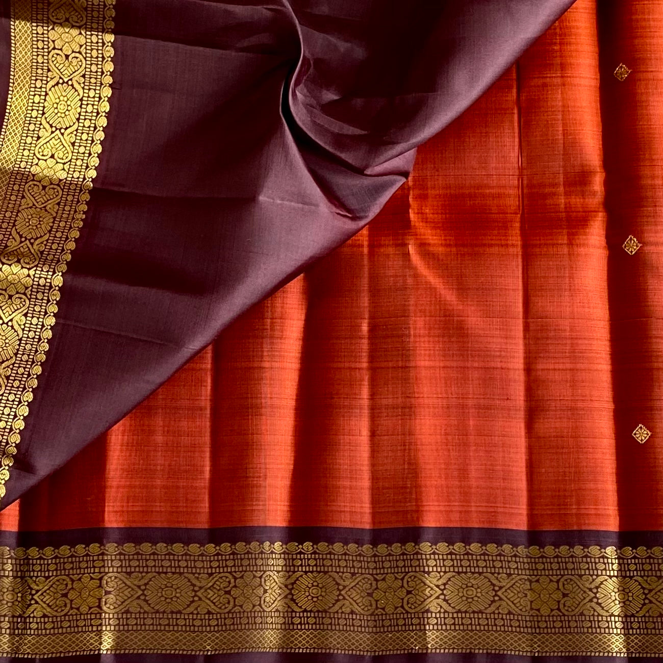 Burnt Orange Kanjeevaram Pure Zari Silk Saree Deep Maroon Pallu