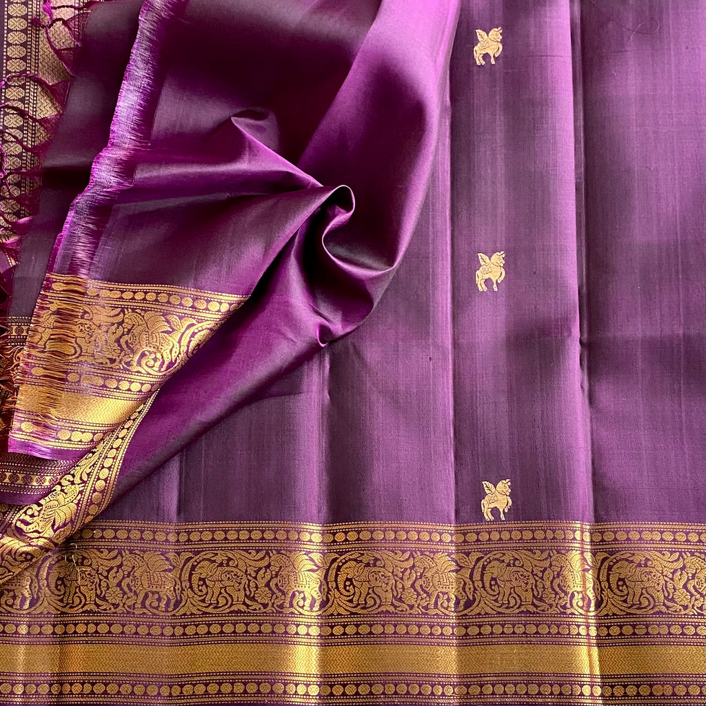 Deep Purple Designer Pure Silk Saree With Antique Gold Pallu And Paisley Border
