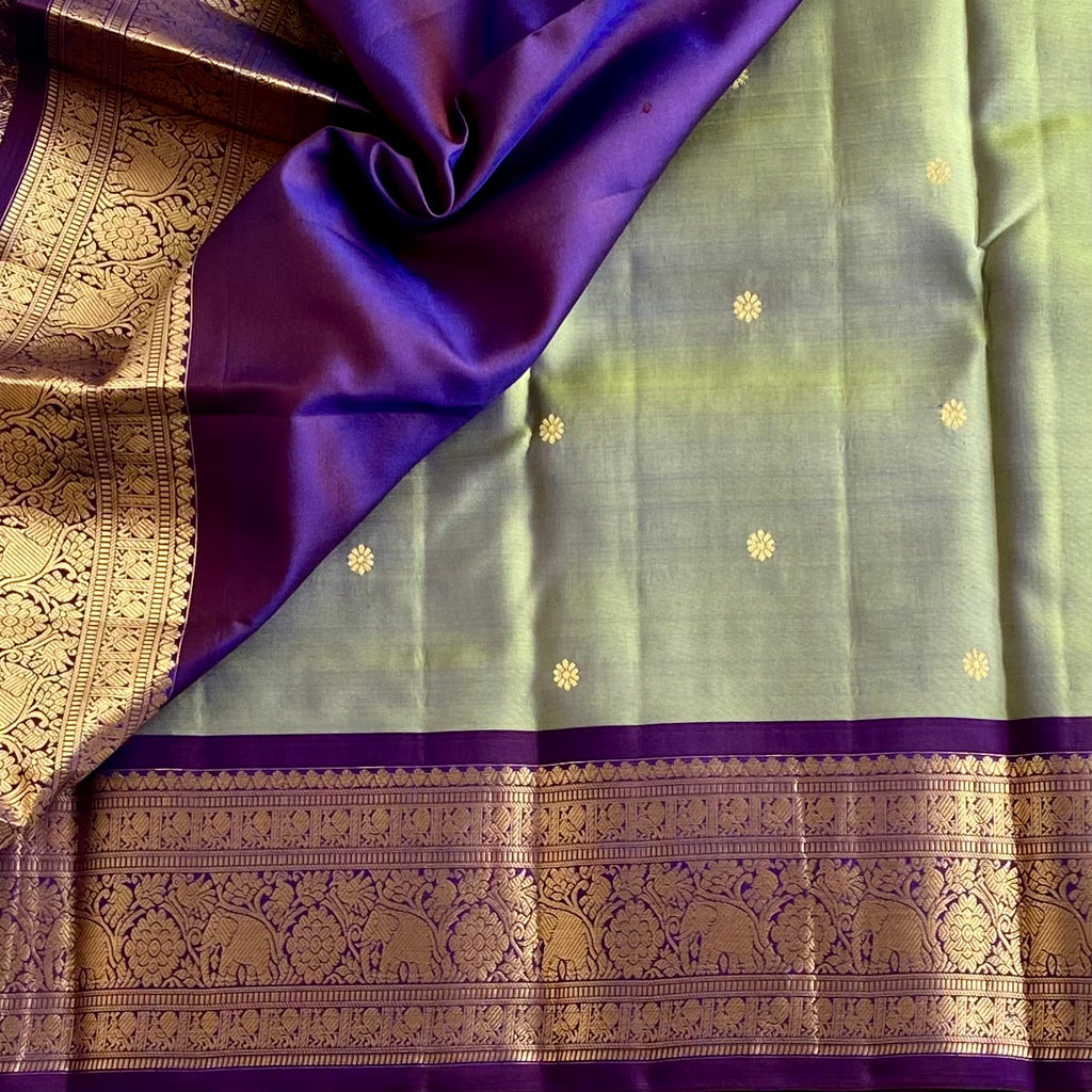 Dual shaded Sage Green Designer Pure Silk Saree With Royal Purple Pallu