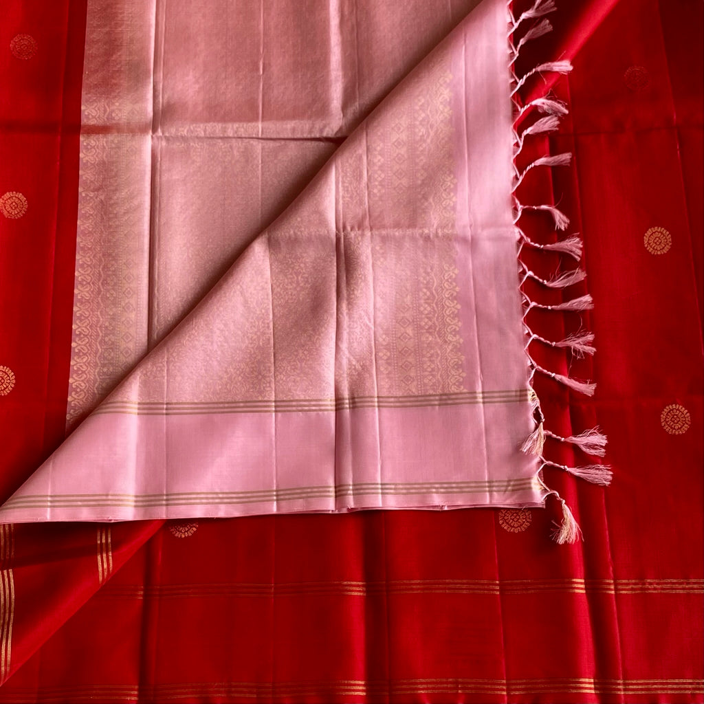 Scarlet Red Designer Pure Silk Saree With Blush Pink Pallu