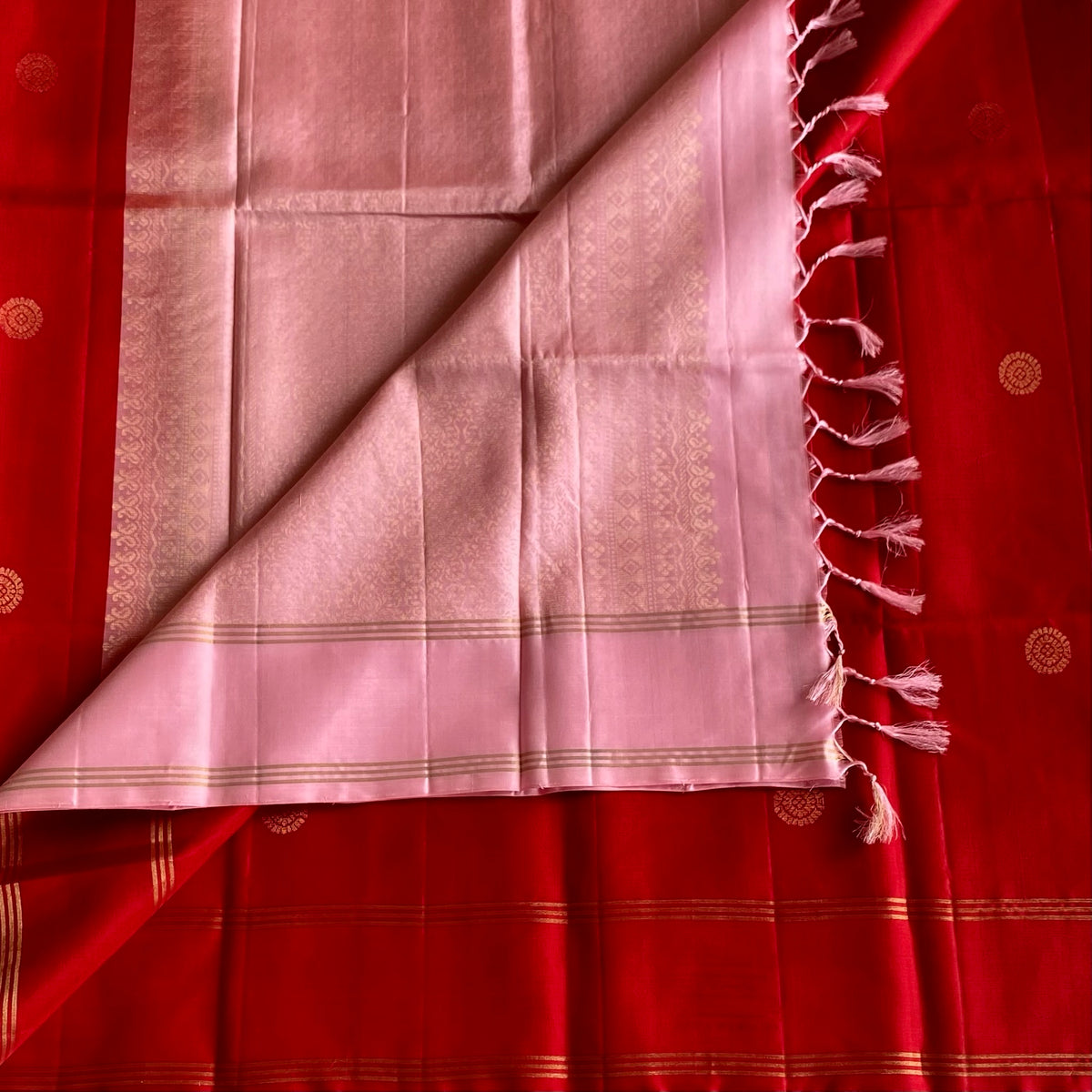 Scarlet Red Designer Pure Silk Saree With Blush Pink Pallu
