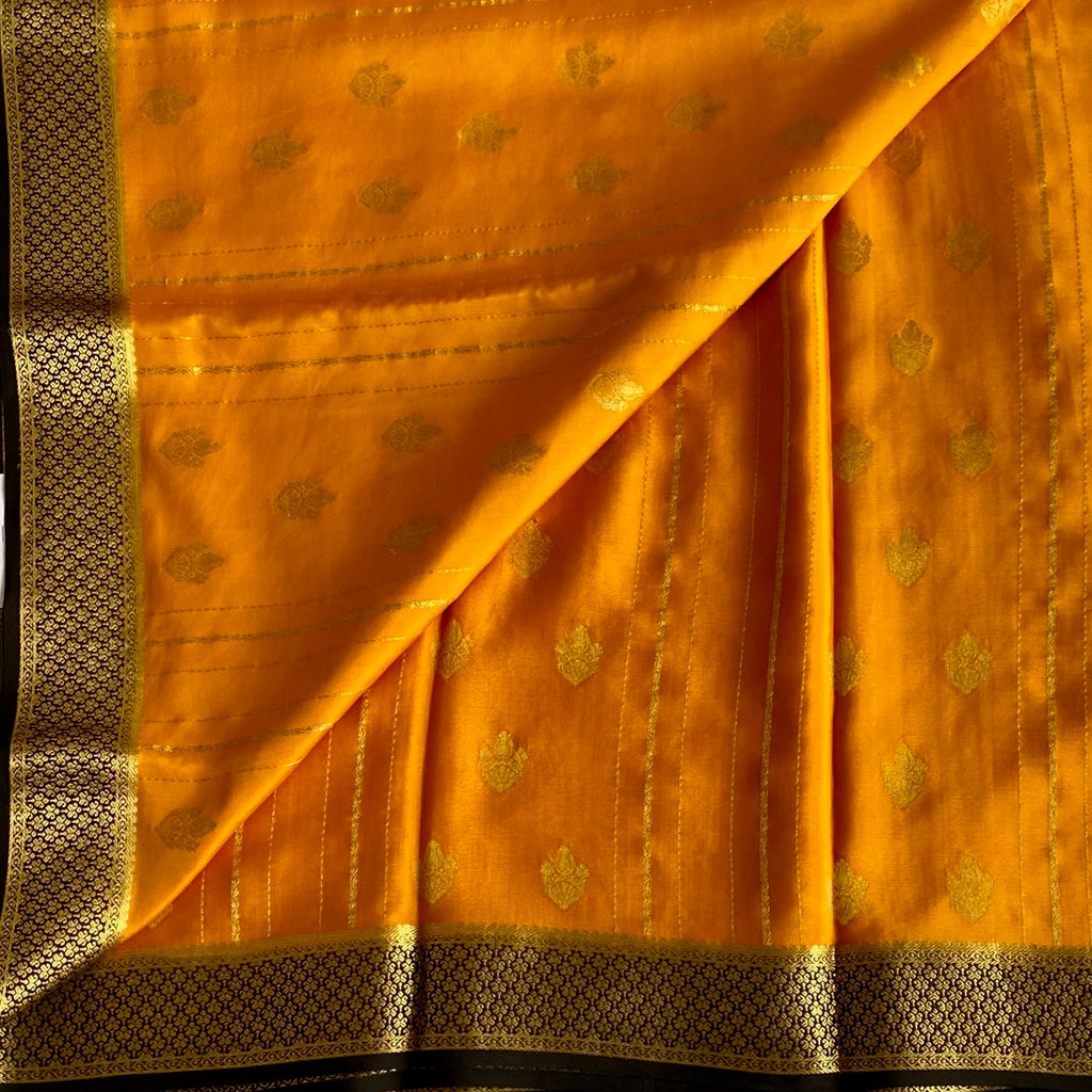 Mustard Yellow Mysore Crepe Silk Saree With Jet Black Pallu