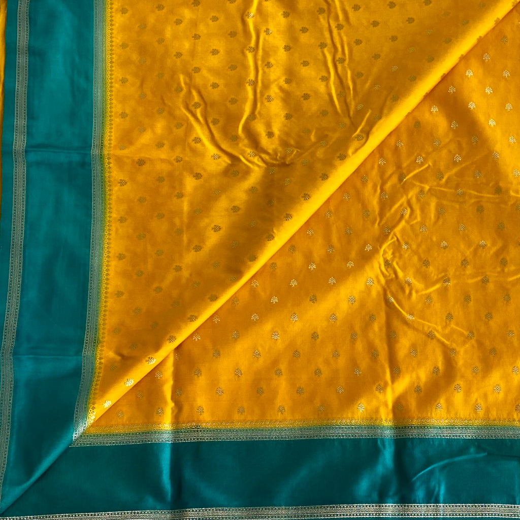 Mustard Yellow Teal Zari Buti Saree with Tassel Pallu Elegant
