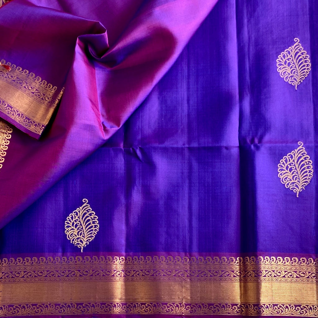Royal Dual shaded Purple Magenta Pure Silk Saree With Antique Gold Zari Border