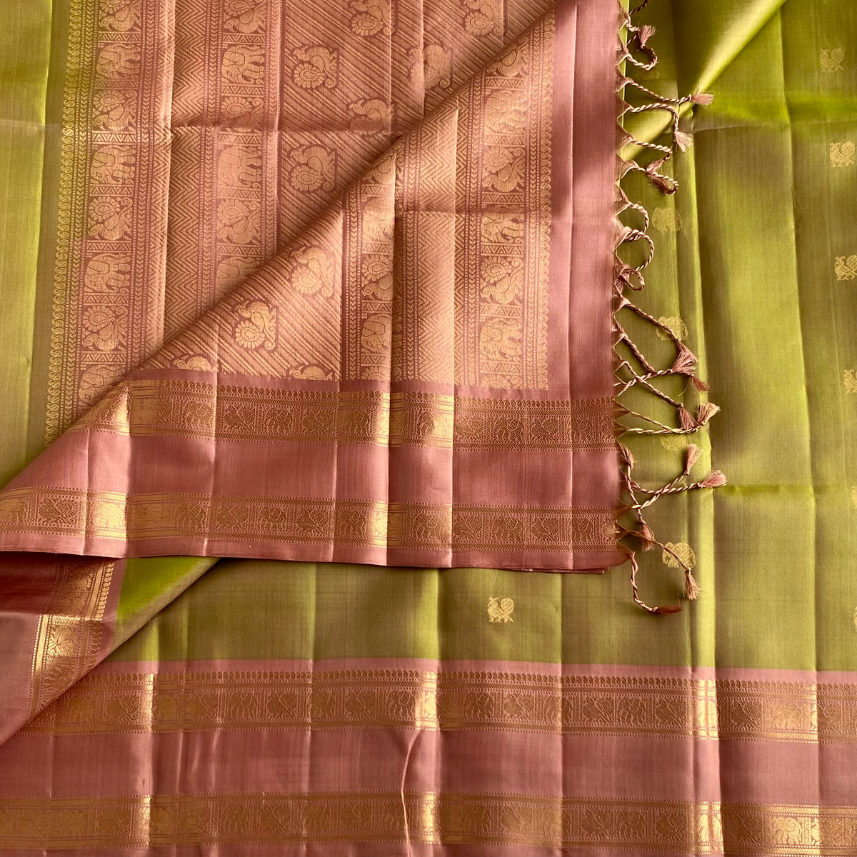 Pastel Dual Shaded Olive Green Designer Pure Silk Saree With Dusty Rose Pallu