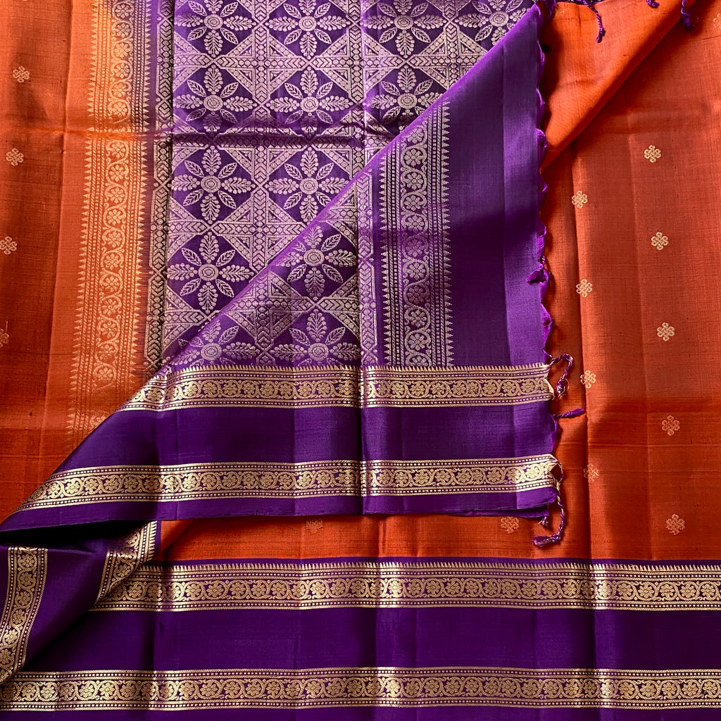 Purple Rust Orange Silk Saree Gold Zari Floral Pallu Border