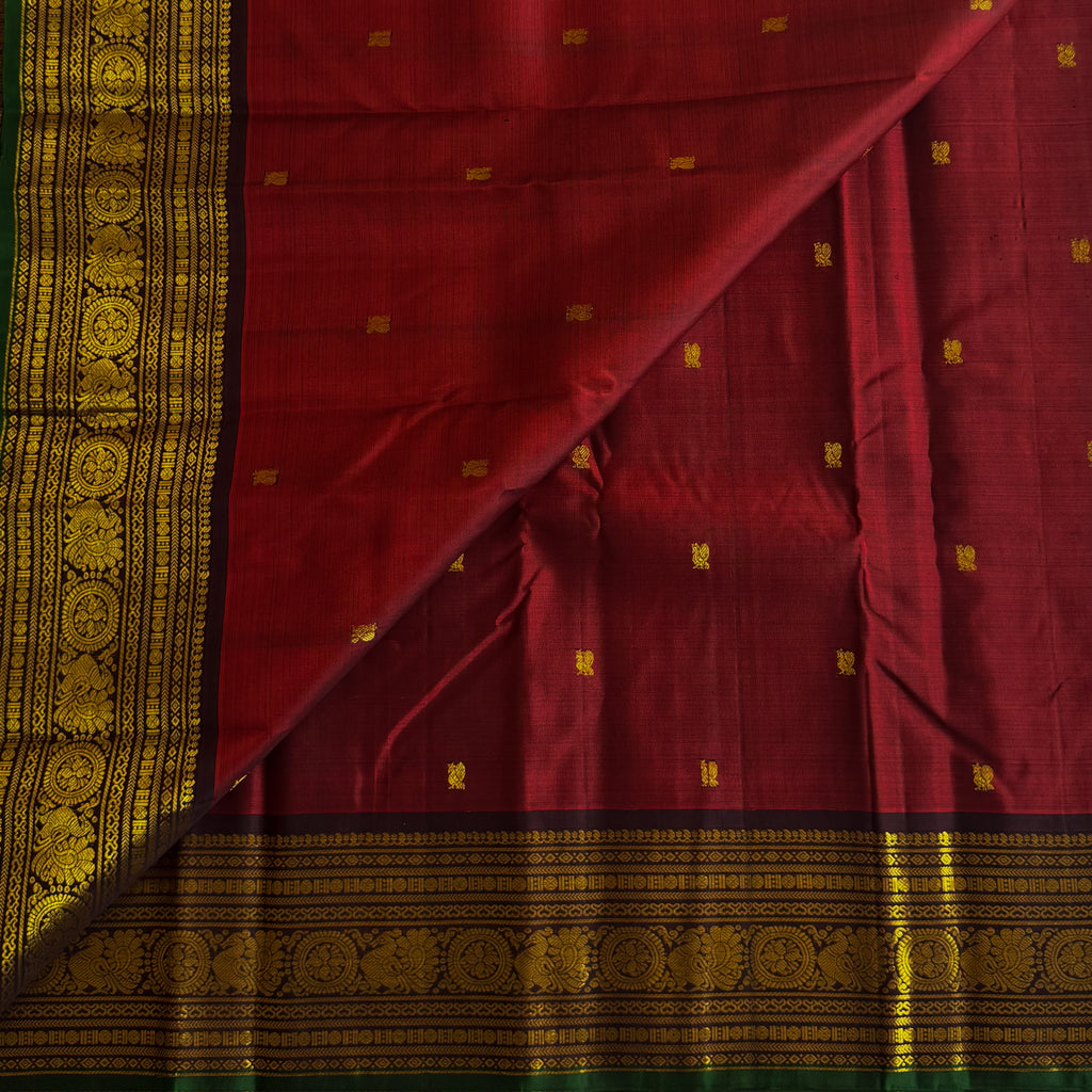 Burgundy Silk Saree Gold Brocade Floral Pallu Green Edged Border