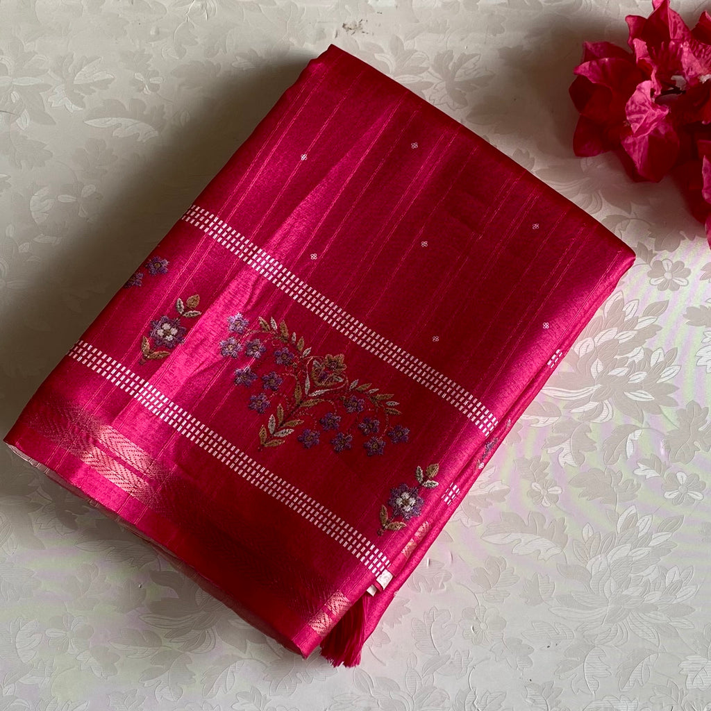 Rani Pink Soft Tussar Saree With Printed Gold Pallu