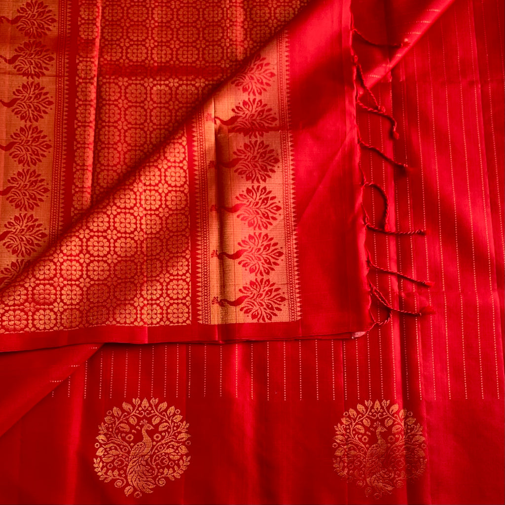 Scarlet Red Designer Pure Silk Saree With Antique Gold Border And Pallu