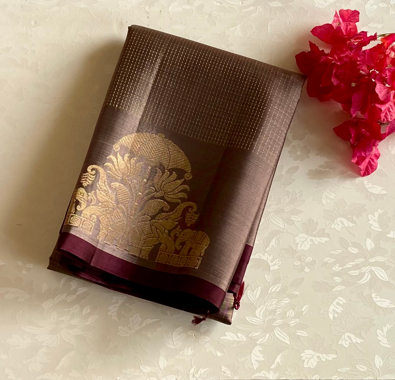 Taupe Saree Antique Gold Temple Border Maroon Edge Brocade Traditional