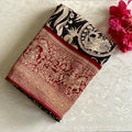 Jet Black Soft Tussar Silk Saree With Antique Gold And Maroon Red