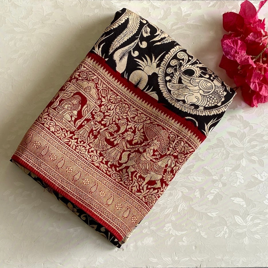 Jet Black Soft Tussar Silk Saree With Antique Gold And Maroon Red