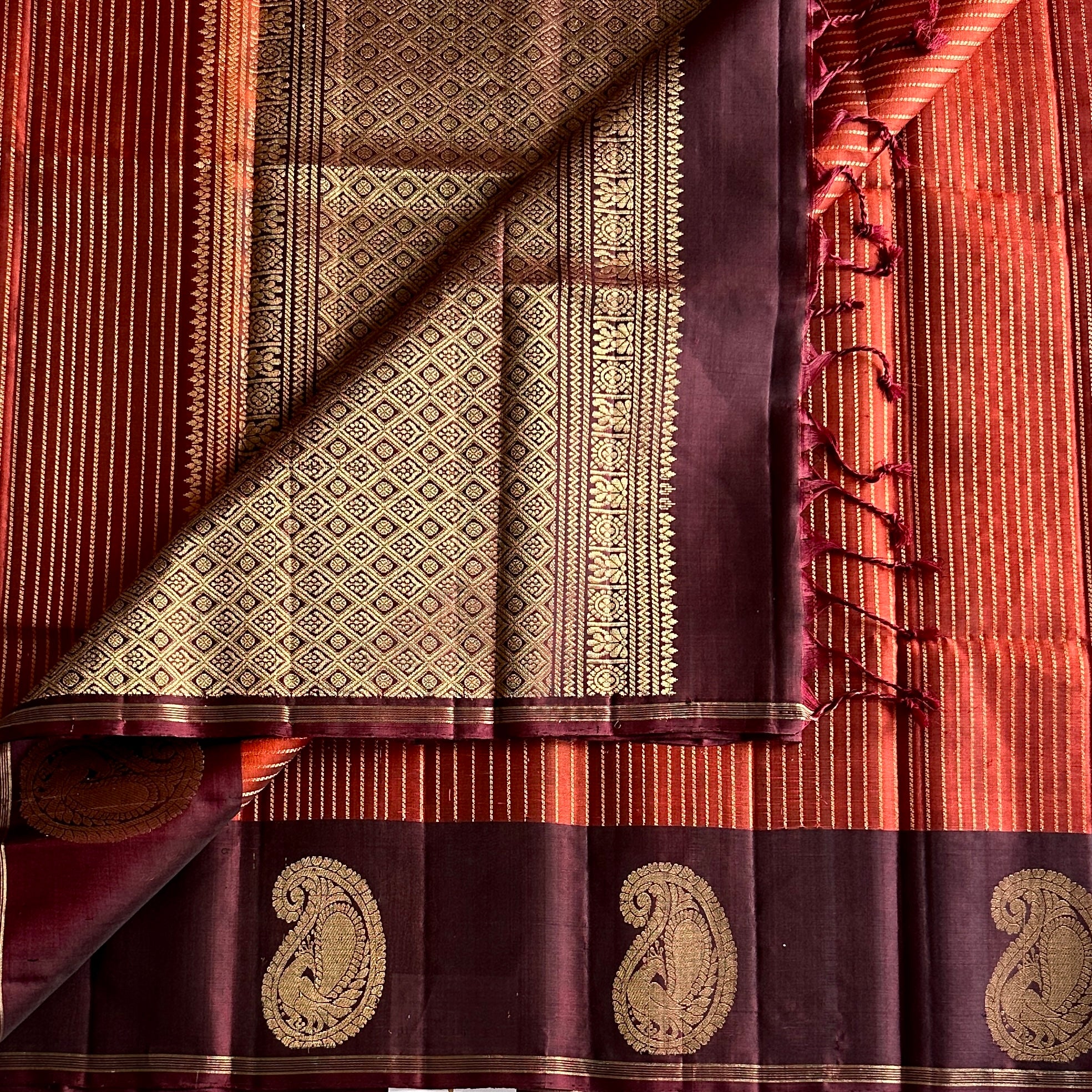 Burgundy Gold Brocade Diamond Saree With Paisley Border For Weddings