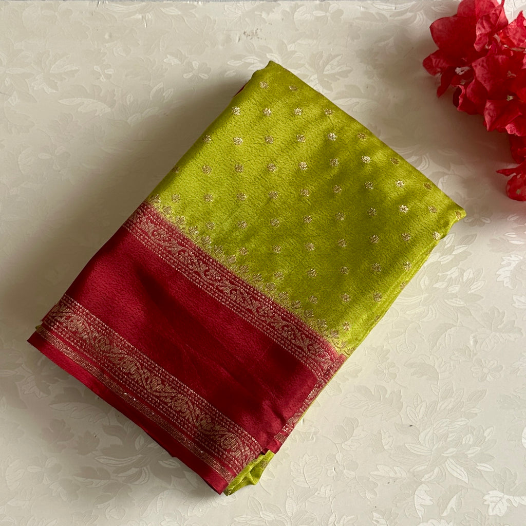 Classic Lime Green Banarasi Crepe Silk Saree With Magenta Pallu