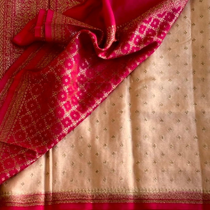 Pastel Rose Gold Banarasi Soft Crepe Silk With Rani Pink Pallu