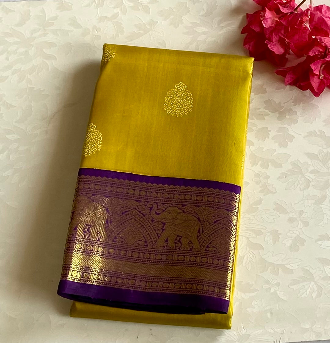 Mustard Yellow Silk Saree With Purple Brocade Pallu Elephant Border
