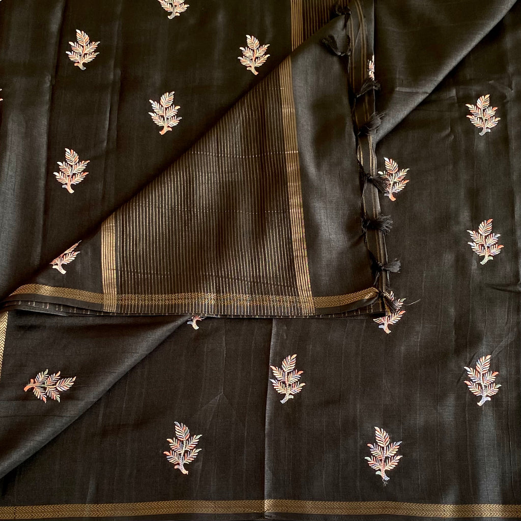Jet Black Soft Tussar Silk Saree With Dusty Pink Buti